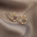 Elegant French vintage gold pearl wreath bow earrings with sparkling round crystals - 48# Micro-painted Bow Pearl Stud Earrings