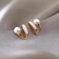 Elegant gold-tone J-shape earrings with white pearls and white enamel inlay detail - 52# Geometric Pearl Earrings With Oil Droplets