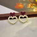Vintage French style red enamel heart and white pearl hollow heart stud earrings for women - 51# Oil-drop Double Heart Pearl Earrings