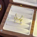 Gold spiral pearl stud earrings with sparkling rhinestones in a wooden gift box - 50# Diamond-set Geometric Pearl Earrings
