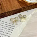 Vintage gold-plated bow-knot stud earrings with sparkling rhinestones and white pearls - 55# Full Diamond Bow Pearl Earrings