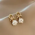 Elegant gold-plated pearl stud earrings with sparkling rhinestone accents, French vintage style - 54# Micro-painted Bow Pearl Earrings