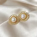 French vintage pearl stud earrings with elegant gold scalloped edge on silk background - 66# Openwork Lace Pearl Earrings