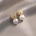 Elegant square crystal stud earrings with round white pearl drop on silk background - 62# Gold Square Pearl Stud Earrings Full Of Diamonds