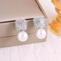 Elegant French style square crystal pave stud earrings with white pearl drop charms - 63# Silver Square Pearl Stud Earrings Full Of Diamonds