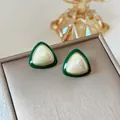 French retro triangle stud earrings with green border and pearlescent center - #83 Oil-drip Triangular Pearl Earrings