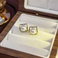 Elegant square gold-plated stud earrings with white pearl and sparkling crystals - 75# Micro-pave Square Pearl Stud Earrings