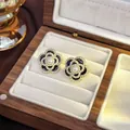French vintage camellia flower stud earrings with black enamel and small pearl accents - 80# Black Camellia Pearl Earrings