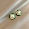 Elegant French vintage green enamel stud earrings with central pearl and crystal halo - 84# Micro-painted Square Pearl Stud Earrings