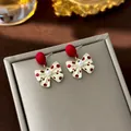 French vintage red matte stud earrings with cream polka dot bow and center pearl detail - #2 Red Polka Dot Bow Pearl Earrings
