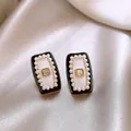 Elegant French vintage style rectangular pearl stud earrings with center crystal - 93# Micro-pave Square Pearl Stud Earrings
