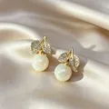 Elegant leaf-shaped gold stud earrings with lustrous pearls and sparkling crystal inlay - 97# Full Diamond Leaf Pearl Earrings