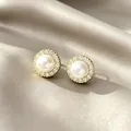 Elegant pearl stud earrings with crystal halo on golden silver base. - 98# Micro-painted Round Pearl Stud Earrings