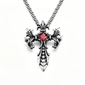 Dettaglio di una collana a croce di drago in acciaio inox con gemma rossa vintage - Stella Gemma Rossa + Catena in Acciaio Inossidabile