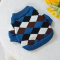 Blue argyle pattern knit pet sweater for small dogs or cats with rib-knit edges - Blue and Brown Argyle
