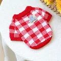 Cozy red and white checkered pet knitted sweater with a flower accent for winter. - Red And White Checkered Sweater With Flowers