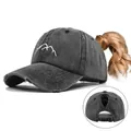 Vintage distressed washed grey ponytail baseball cap featuring mountain embroidery design - Adjustable / Distressed Ponytail Style / Washed Black (CC649-1)