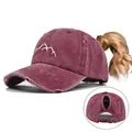 Distressed ponytail baseball cap in burgundy color with white mountain embroidery - Adjustable / Distressed Ponytail Style / Wine Red (CC649-2)