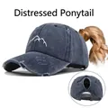 Adjustable distressed denim baseball cap with ponytail hole and mountain embroidery design - Adjustable / Distressed Ponytail Style / Navy Blue (CC649-3)
