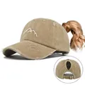 Vintage khaki distressed ponytail baseball cap with white mountain embroidery design - Adjustable / Distressed Ponytail Style / Khaki (CC649-4)