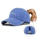 Blue distressed denim ponytail baseball cap with mountain embroidery design - Adjustable / Distressed Ponytail Style / Sky Blue (CC649-5)
