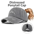 Grey distressed ponytail baseball cap featuring mountain embroidery and back opening hole - Adjustable / Distressed Ponytail Style / Grey (CC649-6)