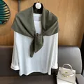 French style green cotton linen scarf with elegant rhinestone details styled as a shawl - Army Green