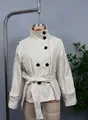Elegant women's double-breasted short trench coat with waist belt in creamy off-white - Milky White