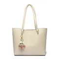 Cream white pebbled leather tote bag with minimalist design and cute plush charm. - Off White