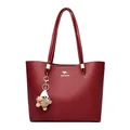 Large capacity burgundy faux leather tote bag with gold kangaroo logo and fuzzy charm - Red