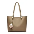 Large capacity minimalist commute tote bag in khaki brown with decorative pom-pom charm - Khaki