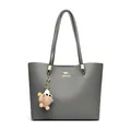 Grey large capacity commute tote bag with textured finish and cute pom-pom charm - Gray