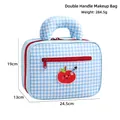 Blue and white checkered cosmetic bag with cute apple embroidery and double handles - Double Handle Makeup Bag (Blue Plaid Apple Embroidery)