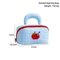 Blue and white checkered cosmetic bag with apple embroidery, 21x12x10.5cm - Slanted Opening Makeup Bag (Blue Plaid Apple Embroidery)