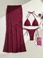 Dettaglio del set bikini bordeaux a tre pezzi con gonna in mesh a motivi foglia - Borgogna / S