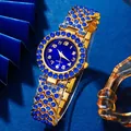 Elegante reloj de cuarzo dorado para mujer con cristales azules y esfera a juego - Reloj de moda azul con diamantes de imitación completos / Azul