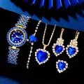 Lujoso conjunto de reloj para mujer con pedrería azul y joyas de corazón - Juego de joyas de piedras preciosas azules con diamantes de imitación completos / Juego de 6 piezas (Reloj+Pulsera+Collar+Pendientes+Anillo) / Azul