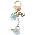 Sweet keychain with blue iridescent flowers, white pearls, and gold heart charm - Blue Lily Heart (Double Petals)