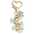 Sweet heart-shaped gold keychain with white flowers and blue butterfly charm - Double White (Double Petals)