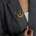 Gold heart charm safety pin brooch with layered chains for elegant suit decoration - Gold-00394