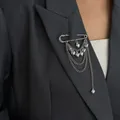 Elegant silver-toned safety pin brooch featuring multi-layered heart charm chains for suits - White K-00394