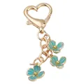 Sweet gold heart-shaped lobster clasp keychain with three teal enamel floral charms - Blue Small Flower String