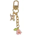 Sweet gold metal keychain featuring a pink butterfly charm and a pink bellflower pendant - Pink Pearl Butterfly