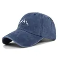 Premium washed blue denim baseball cap featuring minimalist white mountain embroidery - Adjustable / Classic Style / Navy Blue (CB343-3)