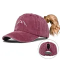 Burgundy washed cotton baseball cap featuring mountain embroidery and ponytail hole - Adjustable / Ponytail Style / Wine Red (CC650-2)