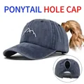 Washed denim ponytail baseball cap for women with mountain silhouette embroidery - Adjustable / Ponytail Style / Navy Blue (CC650-3)