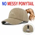 Gewassen kaki baseballpet met bergborduursel en functioneel paardenstaartgat - Khaki (CC650-4)