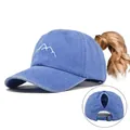 Distressed blue cotton ponytail baseball cap featuring white mountain embroidery - Adjustable / Ponytail Style / Sky Blue (CC650-5)