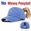 Gewassen blauwe katoenen paardenstaart baseballpet met wit geborduurd bergontwerp - Hemelsblauw (CC650-5)
