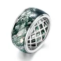 Anillo de ágata de musgo natural con diseño interior de rejilla en plata - US8# / Estilo de rejilla hueca (RG024652) / Musgo Verde